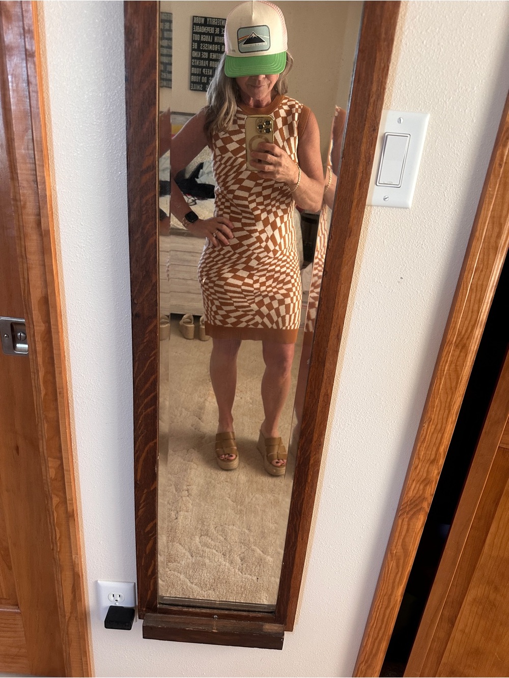 Sleeveless Brown & White Checkered Bodycon Dress